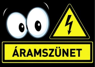 Áramszünet feliratú kép fekete háttérben két tágra nyílt szemmel