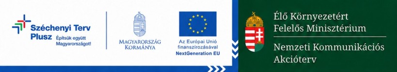 Magyarország címere, Széchenyi Terv Plusz és Európai Unió Next Generation EU feliratok és logo